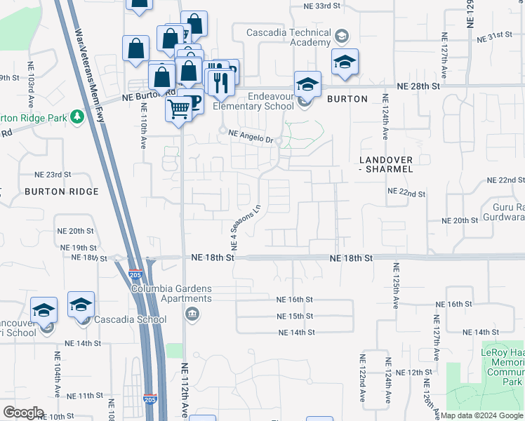 map of restaurants, bars, coffee shops, grocery stores, and more near 2037 Northeast 4 Seasons Lane in Vancouver