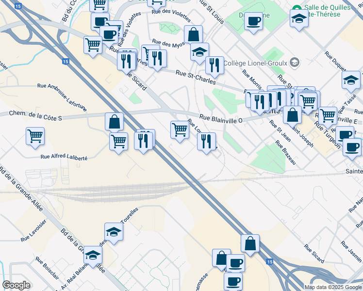 map of restaurants, bars, coffee shops, grocery stores, and more near 20 Rue Sicard in Sainte-Thérèse