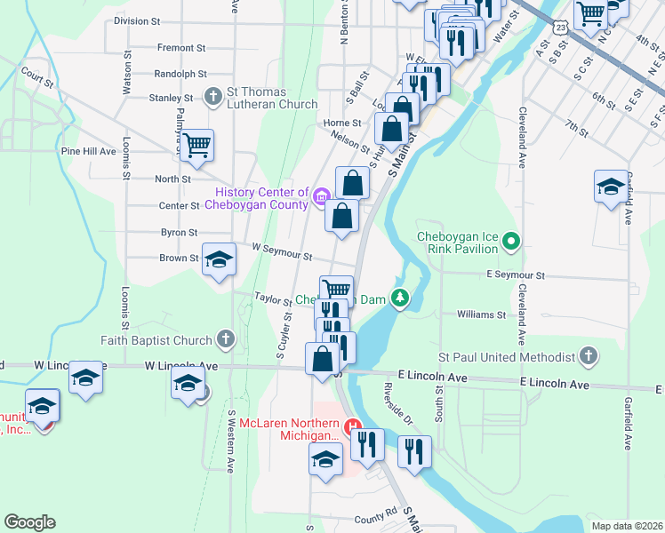 map of restaurants, bars, coffee shops, grocery stores, and more near 559 South Huron Street in Cheboygan
