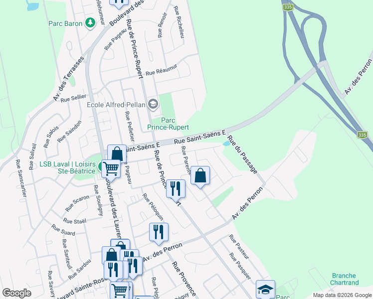 map of restaurants, bars, coffee shops, grocery stores, and more near 6133 Rue Parenteau in Laval