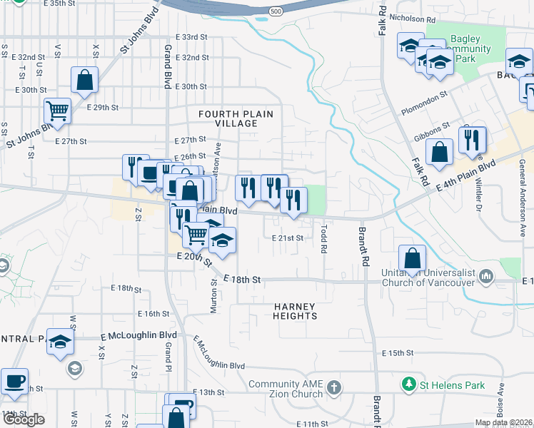 map of restaurants, bars, coffee shops, grocery stores, and more near 2 East 4th Plain Boulevard in Vancouver