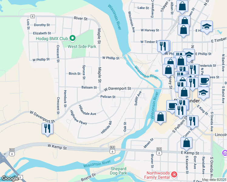 map of restaurants, bars, coffee shops, grocery stores, and more near 645 West Davenport Street in Rhinelander