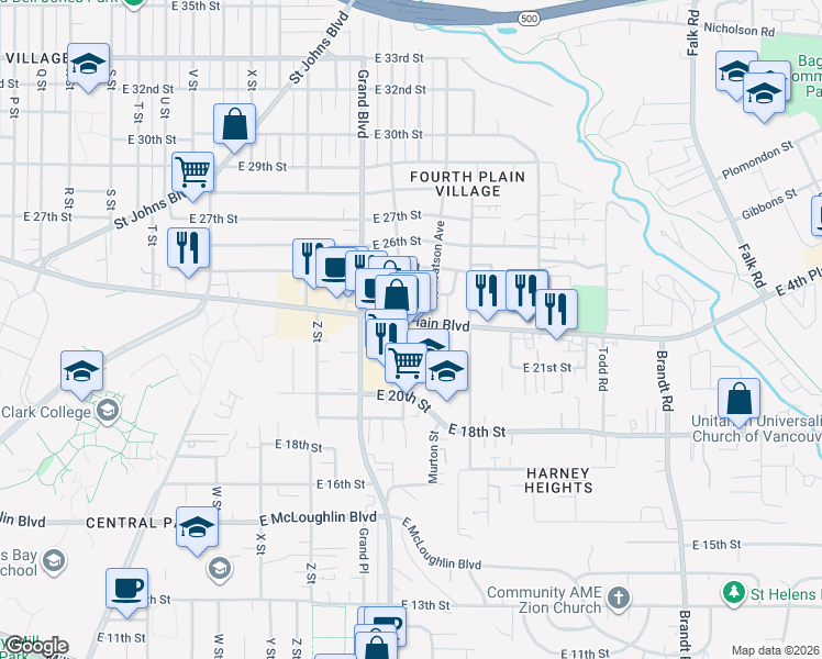 map of restaurants, bars, coffee shops, grocery stores, and more near 2905 East 4th Plain Boulevard in Vancouver