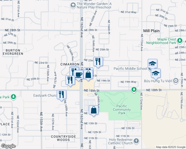 map of restaurants, bars, coffee shops, grocery stores, and more near 16405 Northeast 20th Street in Vancouver