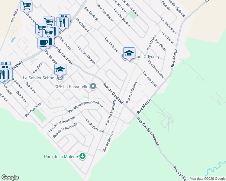 map of restaurants, bars, coffee shops, grocery stores, and more near 154 Rue du Cardinal in Saint-Amable