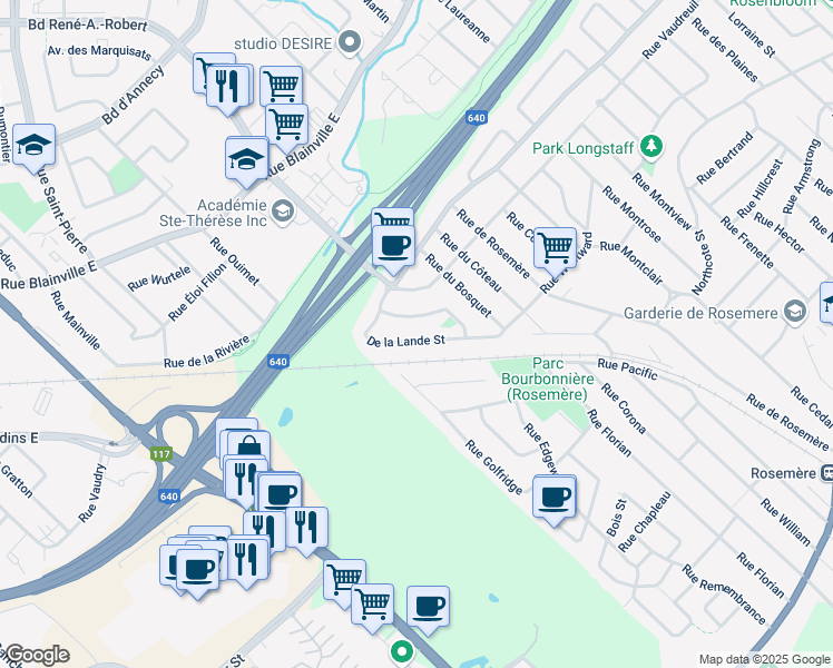 map of restaurants, bars, coffee shops, grocery stores, and more near 235 De la Lande Street in Rosemère