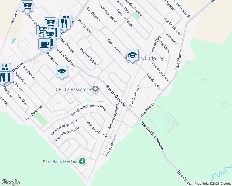 map of restaurants, bars, coffee shops, grocery stores, and more near 154 Rue du Cardinal in Saint-Amable