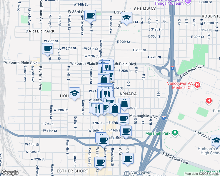 map of restaurants, bars, coffee shops, grocery stores, and more near 150 East 22nd Street in Vancouver