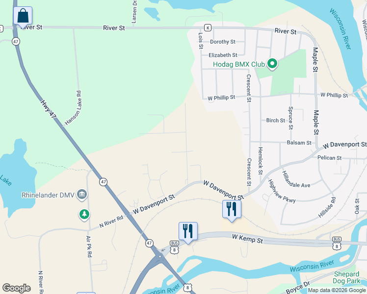 map of restaurants, bars, coffee shops, grocery stores, and more near 1610 Balsam Street in Rhinelander