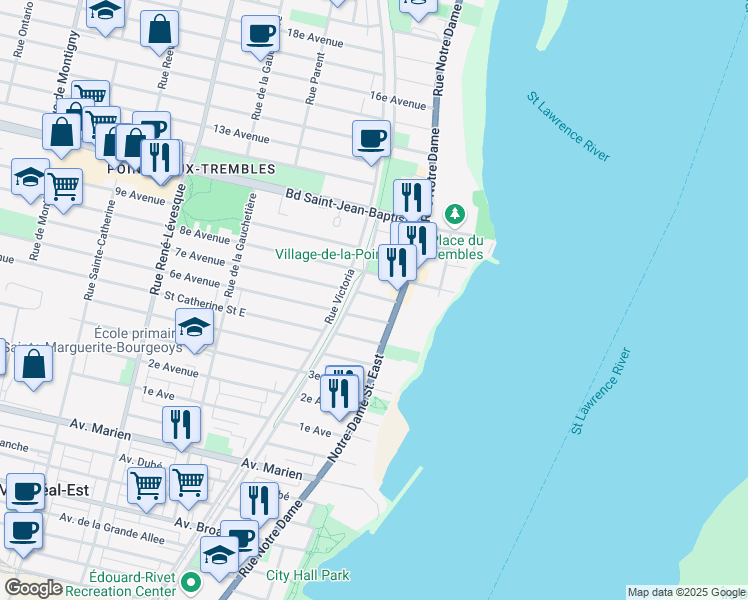 map of restaurants, bars, coffee shops, grocery stores, and more near 542 7e Avenue in Montreal