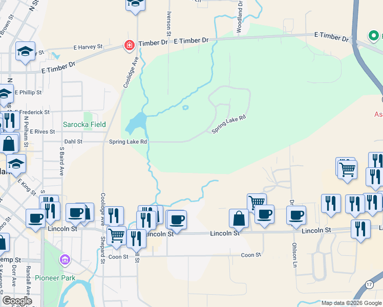 map of restaurants, bars, coffee shops, grocery stores, and more near 85 Spring Lake Road in Rhinelander
