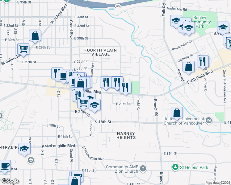 map of restaurants, bars, coffee shops, grocery stores, and more near 2 East 4th Plain Boulevard in Vancouver