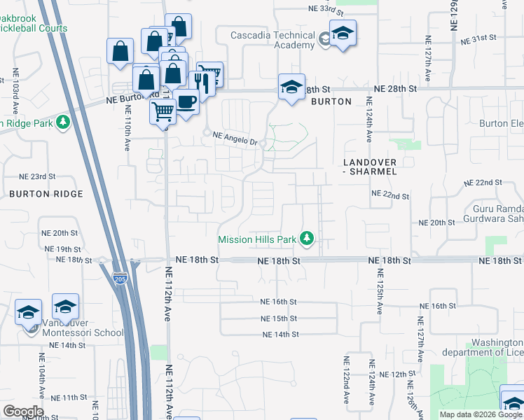 map of restaurants, bars, coffee shops, grocery stores, and more near 11772 Northeast 21st Way in Vancouver