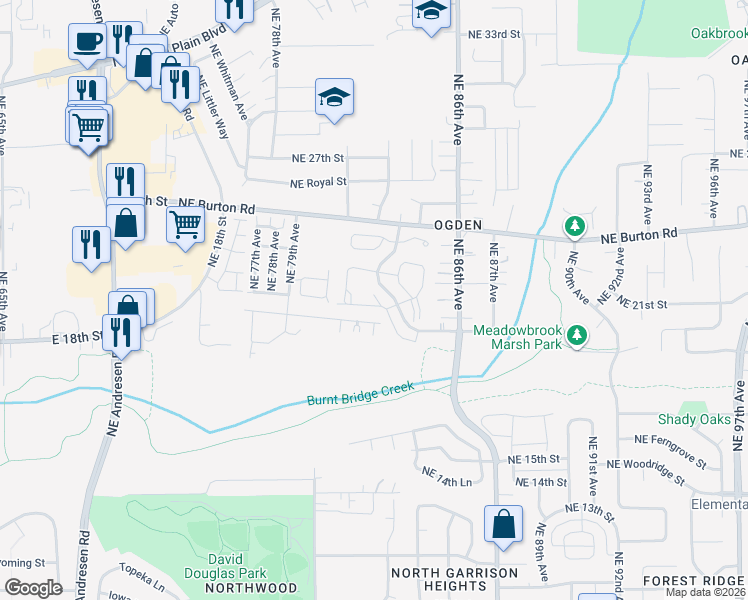 map of restaurants, bars, coffee shops, grocery stores, and more near 2112 Northeast Bridgecreek Avenue in Vancouver