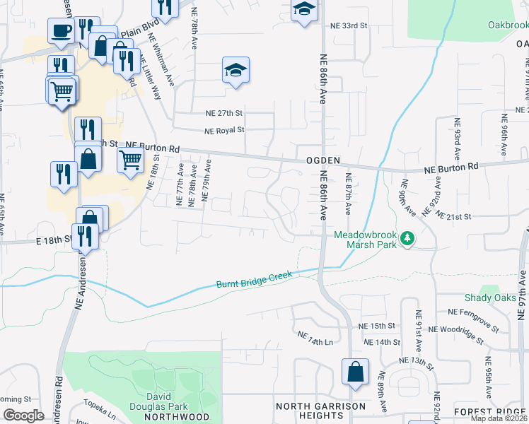 map of restaurants, bars, coffee shops, grocery stores, and more near 2108 Northeast Bridgecreek Avenue in Vancouver
