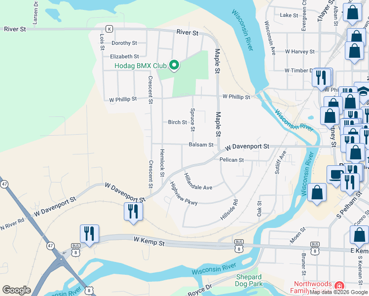 map of restaurants, bars, coffee shops, grocery stores, and more near 34 Sanns Street in Rhinelander