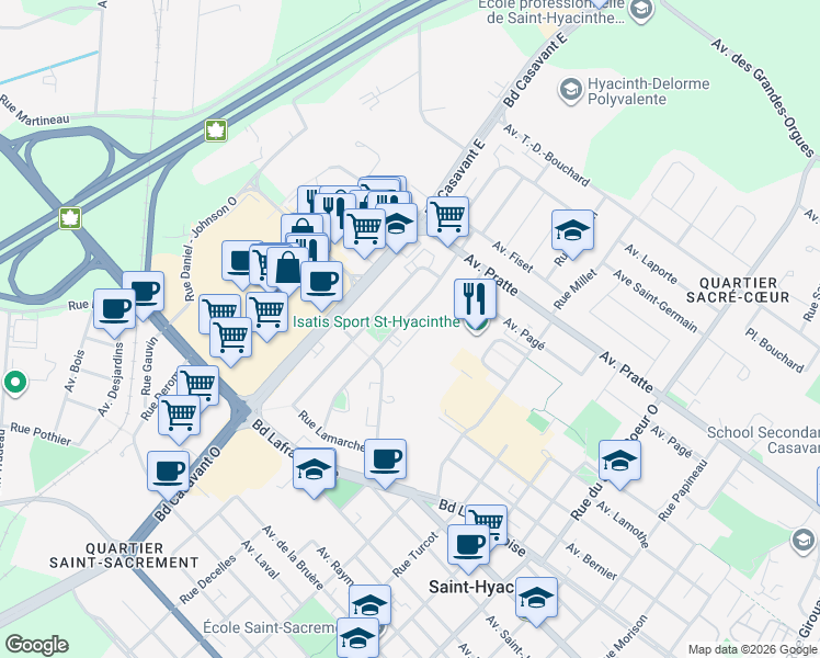 map of restaurants, bars, coffee shops, grocery stores, and more near 845 Rue Rouleau in Saint-Hyacinthe