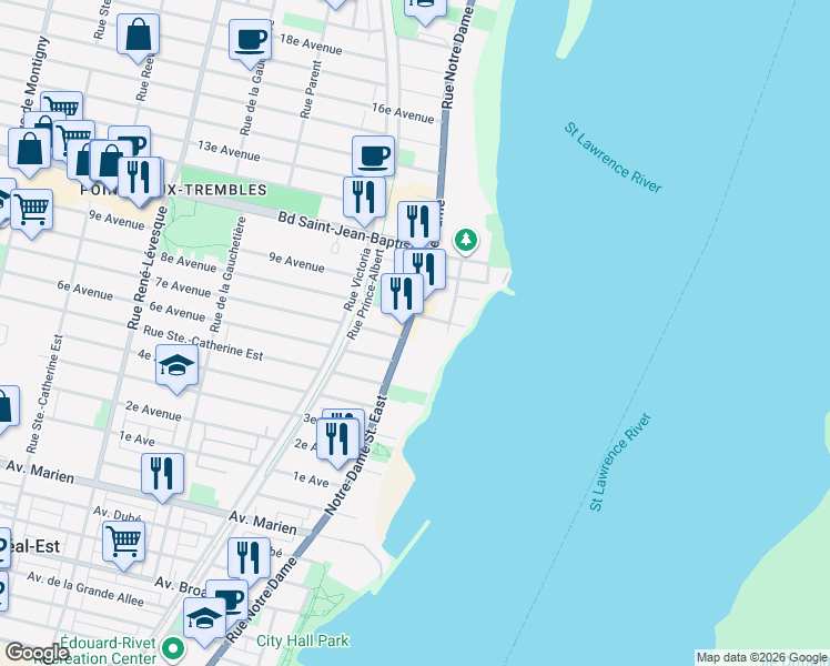 map of restaurants, bars, coffee shops, grocery stores, and more near 11860 Rue Notre-Dame Est in Montréal