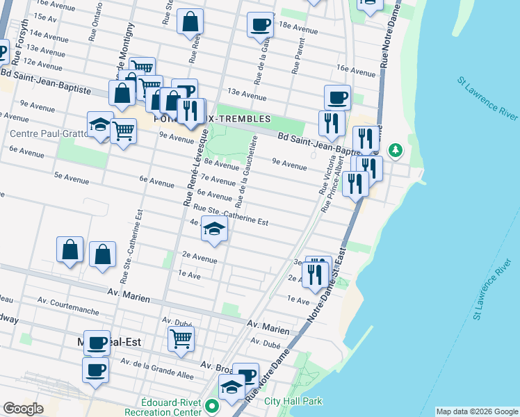 map of restaurants, bars, coffee shops, grocery stores, and more near 860 6e Avenue in Montréal