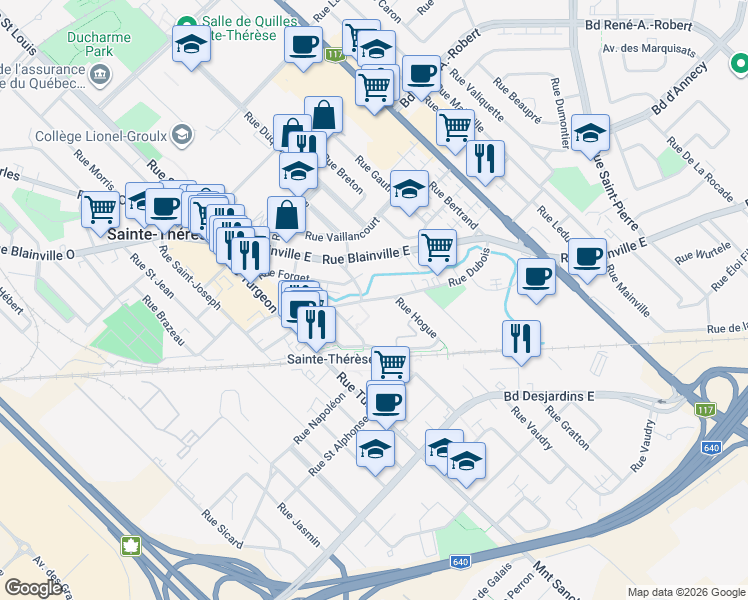 map of restaurants, bars, coffee shops, grocery stores, and more near Rue Dubois in Sainte-Thérèse