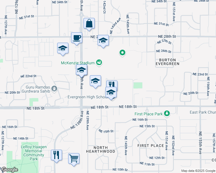 map of restaurants, bars, coffee shops, grocery stores, and more near 13900 Northeast 18th Street in Vancouver