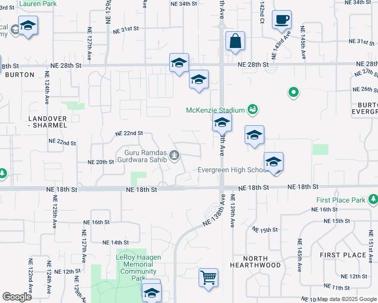 map of restaurants, bars, coffee shops, grocery stores, and more near 13508 Northeast 21st Street in Vancouver