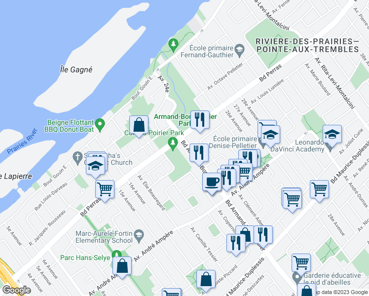 map of restaurants, bars, coffee shops, grocery stores, and more near 12402 Boulevard Armand-Bombardier in Montréal