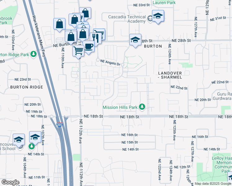 map of restaurants, bars, coffee shops, grocery stores, and more near 2037 Northeast 4 Seasons Lane in Vancouver