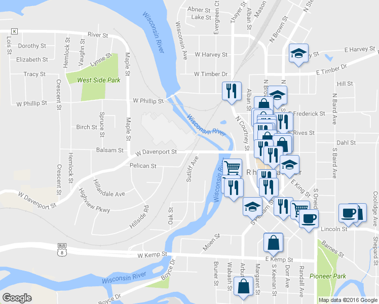 map of restaurants, bars, coffee shops, grocery stores, and more near 515 West Davenport Street in Rhinelander