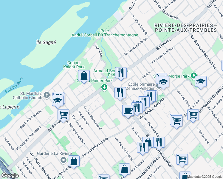 map of restaurants, bars, coffee shops, grocery stores, and more near 12404 Boulevard Armand-Bombardier in Montréal