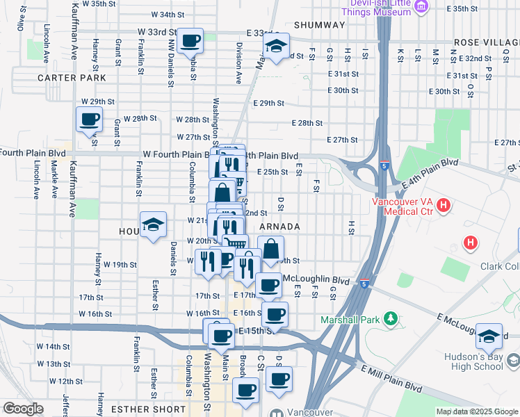map of restaurants, bars, coffee shops, grocery stores, and more near 2031 Broadway Street in Vancouver