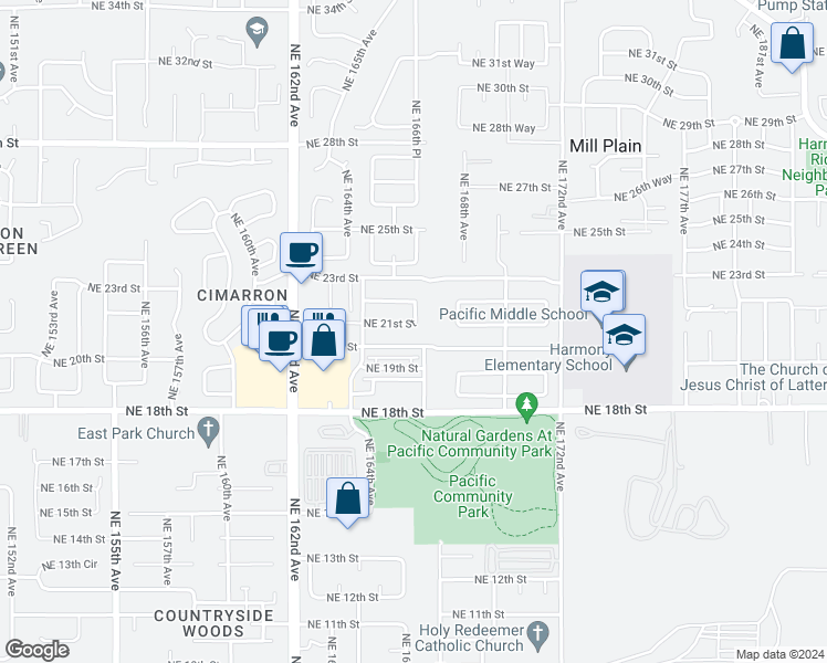 map of restaurants, bars, coffee shops, grocery stores, and more near 16515 Northeast 21st Street in Vancouver