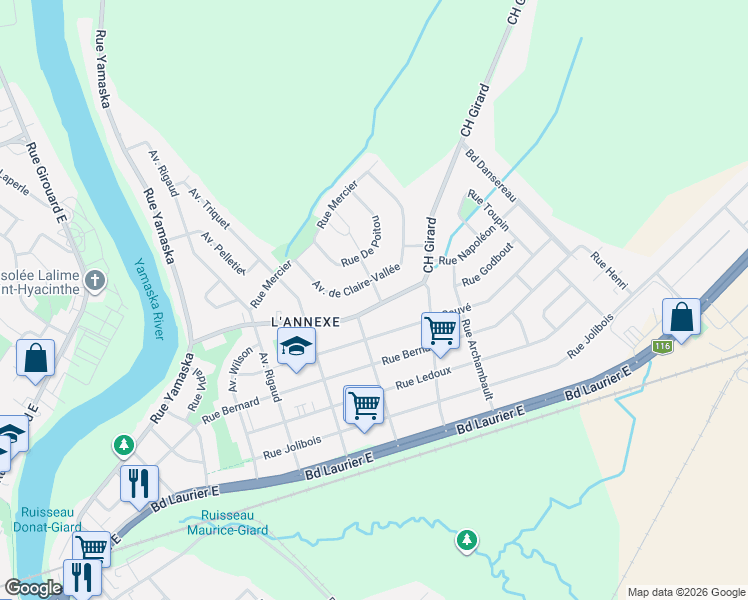 map of restaurants, bars, coffee shops, grocery stores, and more near 2280 Rue Saint-Maurice in Saint-Hyacinthe