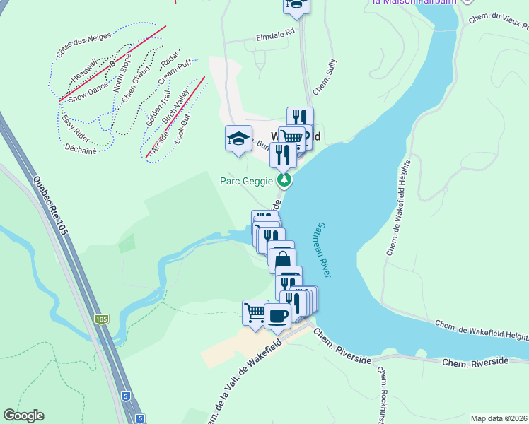 map of restaurants, bars, coffee shops, grocery stores, and more near 777 Chemin Riverside in Wakefield