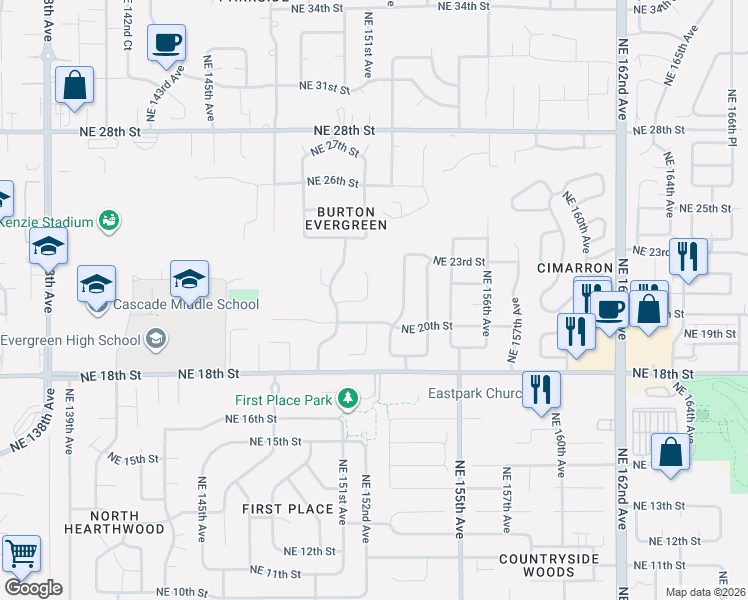 map of restaurants, bars, coffee shops, grocery stores, and more near 2101 Northeast 151st Court in Vancouver