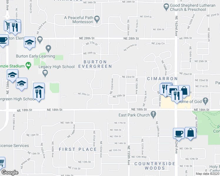 map of restaurants, bars, coffee shops, grocery stores, and more near 2007 Northeast 153rd Avenue in Vancouver