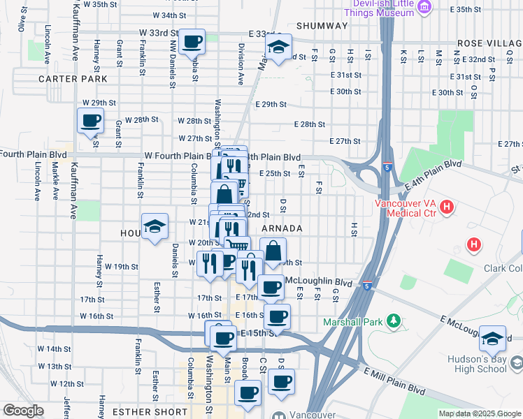 map of restaurants, bars, coffee shops, grocery stores, and more near 2031 Broadway Street in Vancouver
