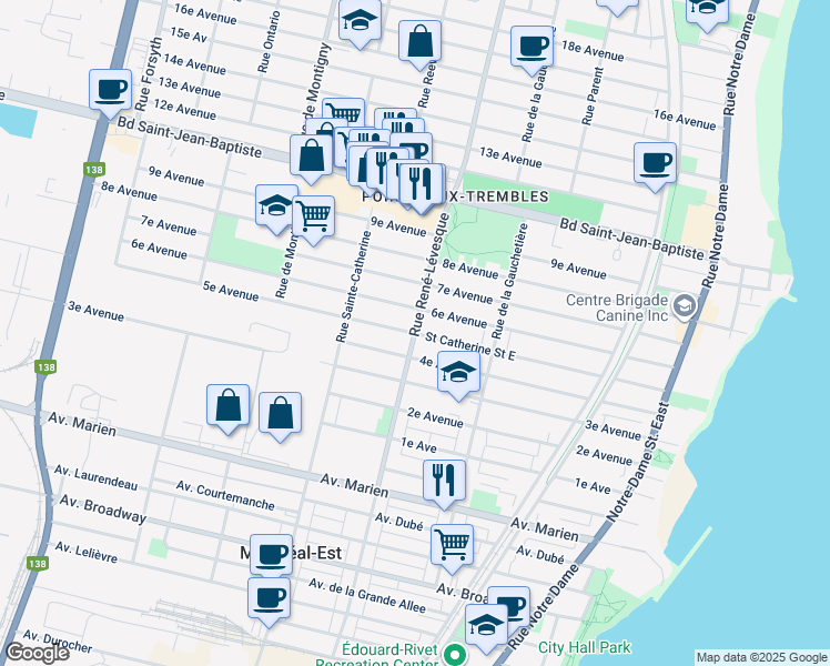 map of restaurants, bars, coffee shops, grocery stores, and more near Rue Sainte Catherine Est in Montréal