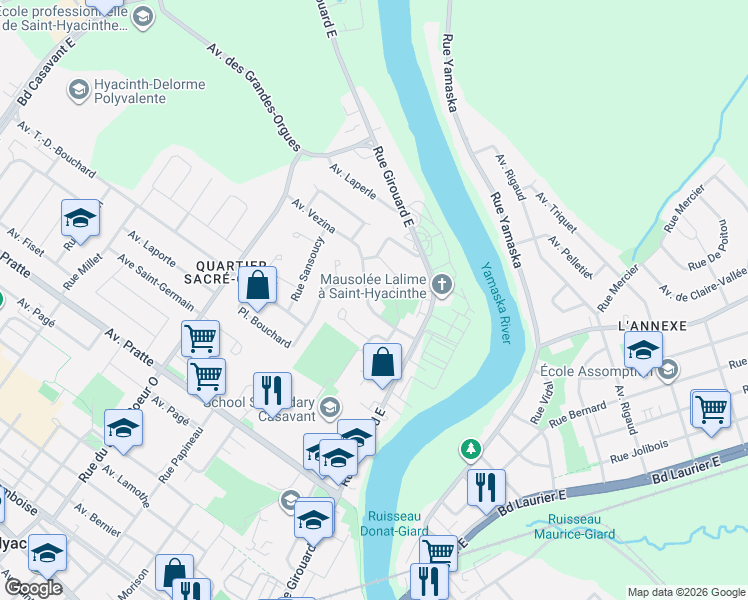 map of restaurants, bars, coffee shops, grocery stores, and more near 1800 Avenue Vezina in Saint-Hyacinthe