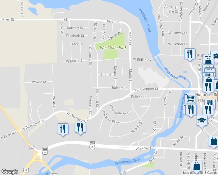 map of restaurants, bars, coffee shops, grocery stores, and more near 824 Balsam Street in Rhinelander
