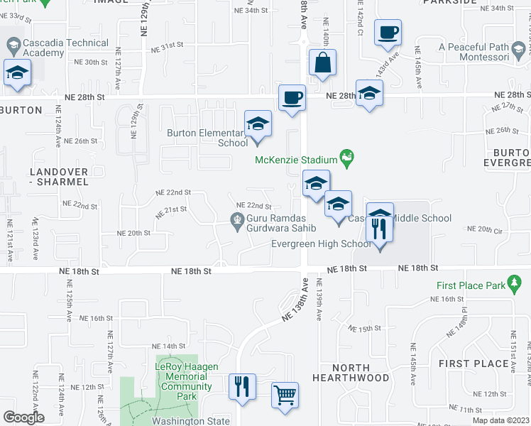 map of restaurants, bars, coffee shops, grocery stores, and more near 13508 Northeast 21st Street in Vancouver
