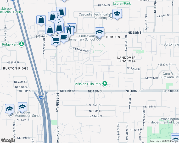 map of restaurants, bars, coffee shops, grocery stores, and more near 11772 Northeast 21st Way in Vancouver