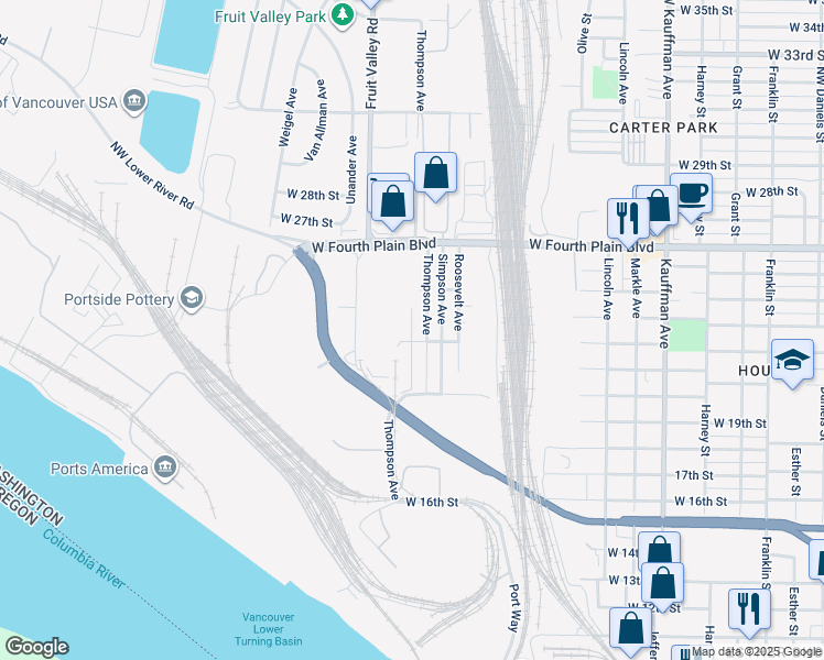 map of restaurants, bars, coffee shops, grocery stores, and more near 2036 Thompson Avenue in Vancouver
