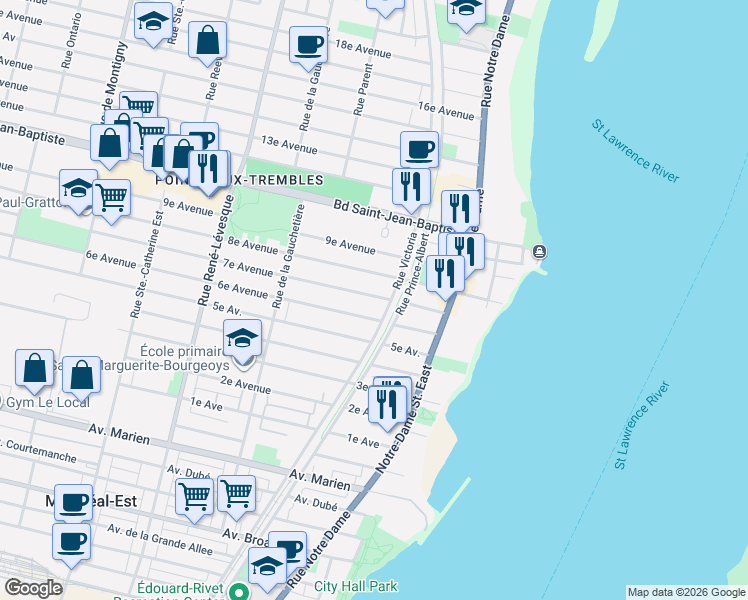 map of restaurants, bars, coffee shops, grocery stores, and more near 712 7e Avenue in Montréal