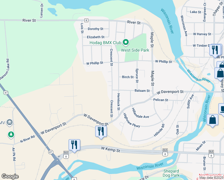 map of restaurants, bars, coffee shops, grocery stores, and more near Balsam Street in Rhinelander