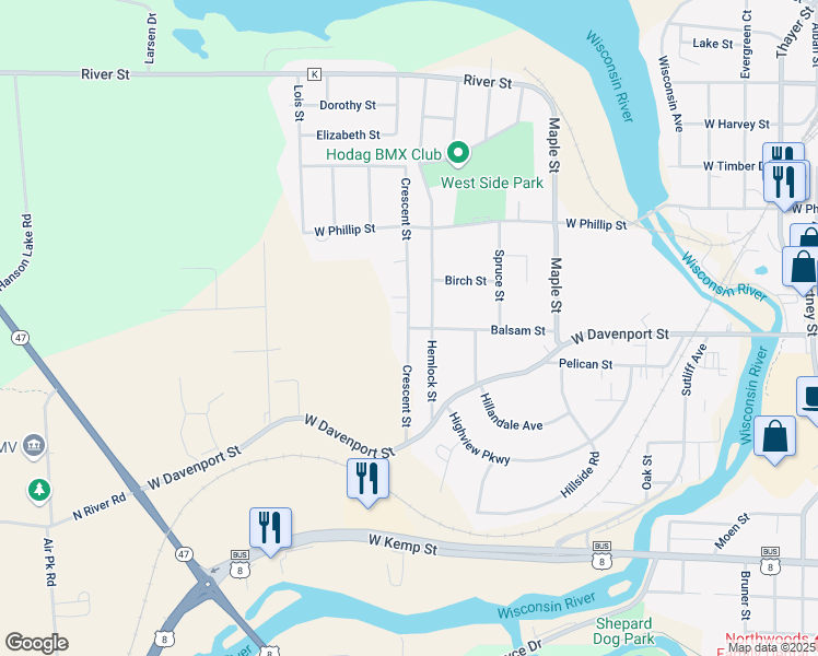 map of restaurants, bars, coffee shops, grocery stores, and more near 1610 Balsam Street in Rhinelander
