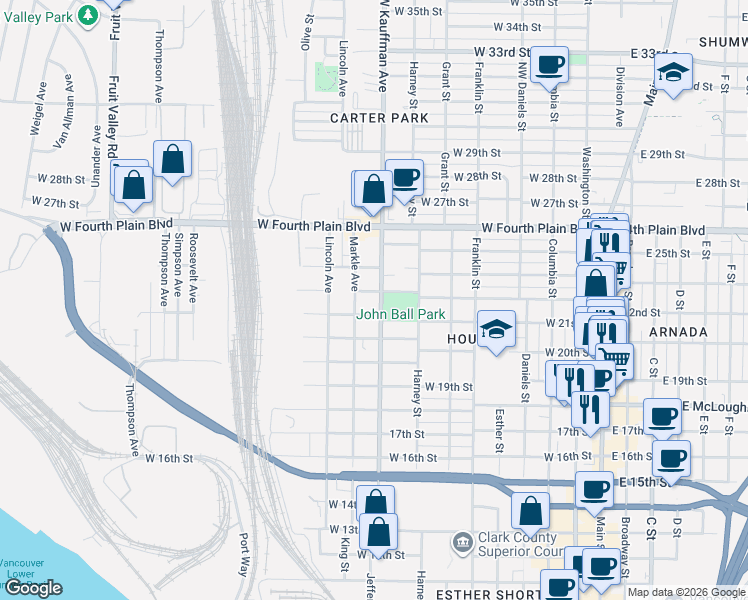 map of restaurants, bars, coffee shops, grocery stores, and more near 2212 Kauffman Avenue in Vancouver