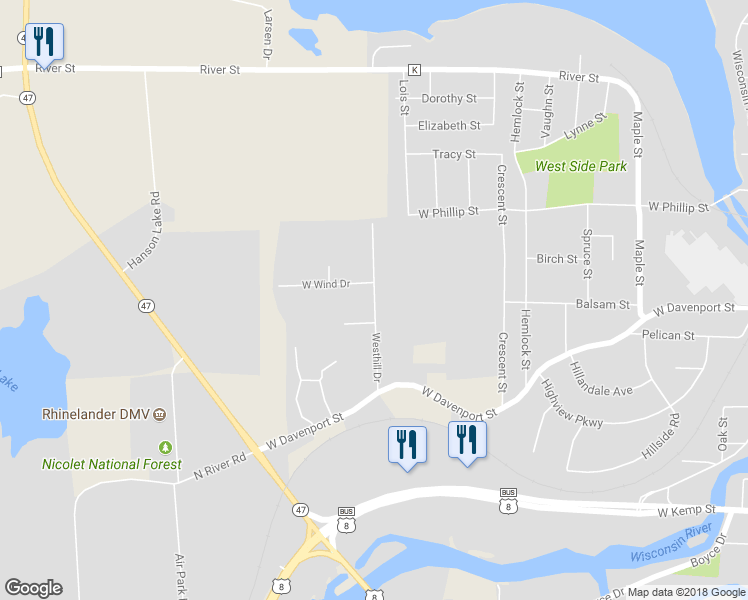 map of restaurants, bars, coffee shops, grocery stores, and more near 132 Westhill Drive in Rhinelander