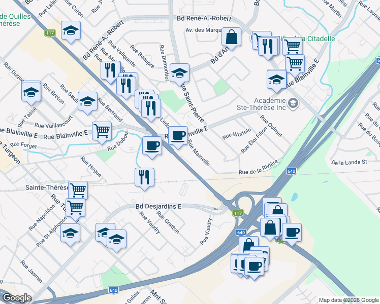 map of restaurants, bars, coffee shops, grocery stores, and more near 19 Rue Mainville in Sainte-Thérèse