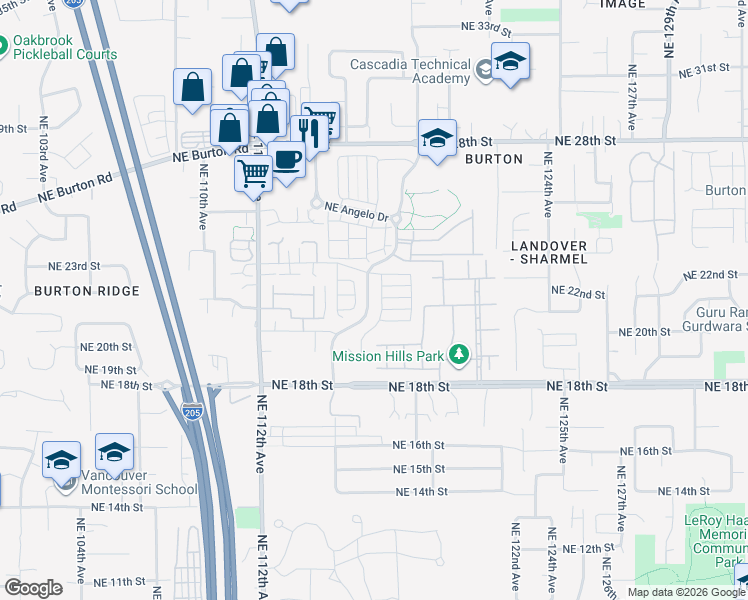 map of restaurants, bars, coffee shops, grocery stores, and more near 2037 Northeast 4 Seasons Lane in Vancouver